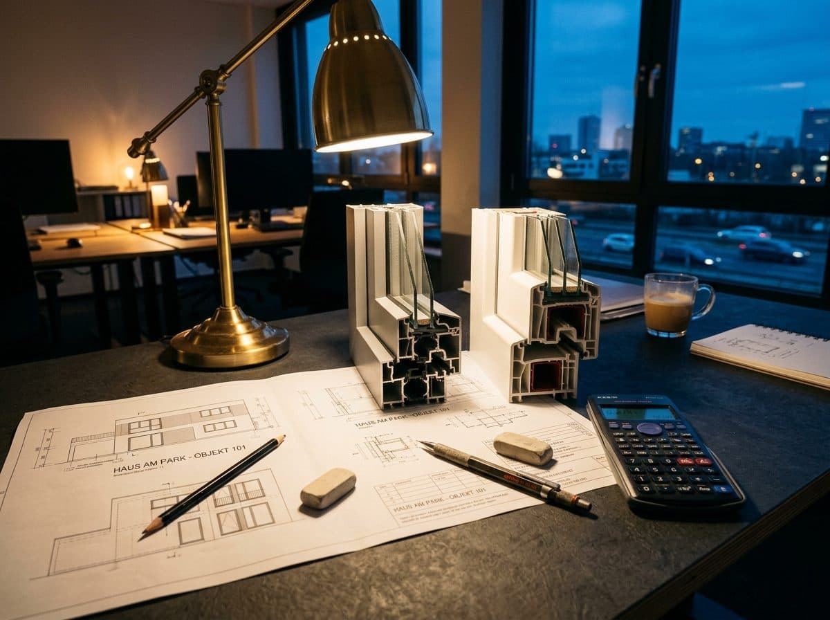 Plans et échantillons de profilés sur la table du bureau d’études FensterLux
