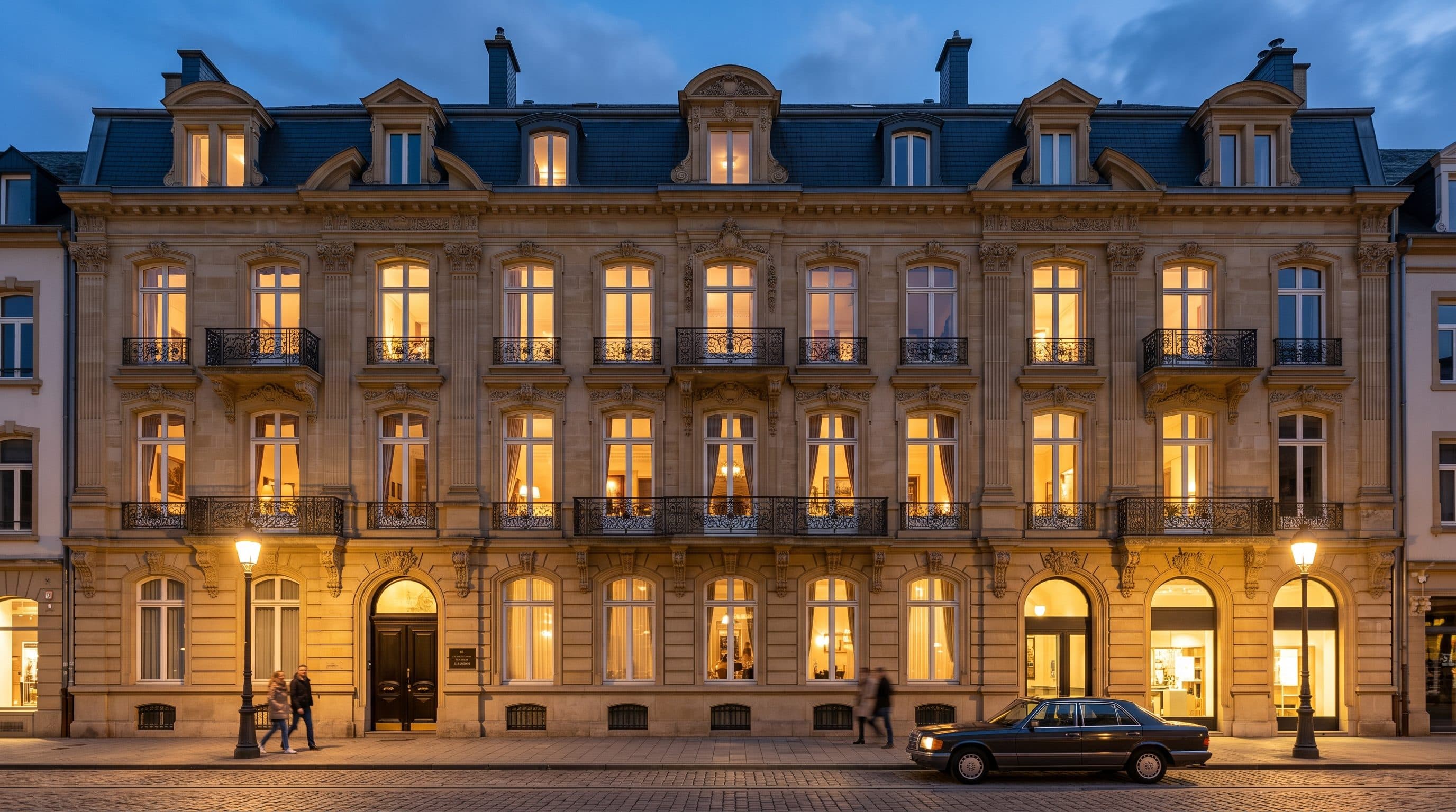 Fenêtres à divisions classiques d’un appartement haussmannien avenue de la Liberté, le soir