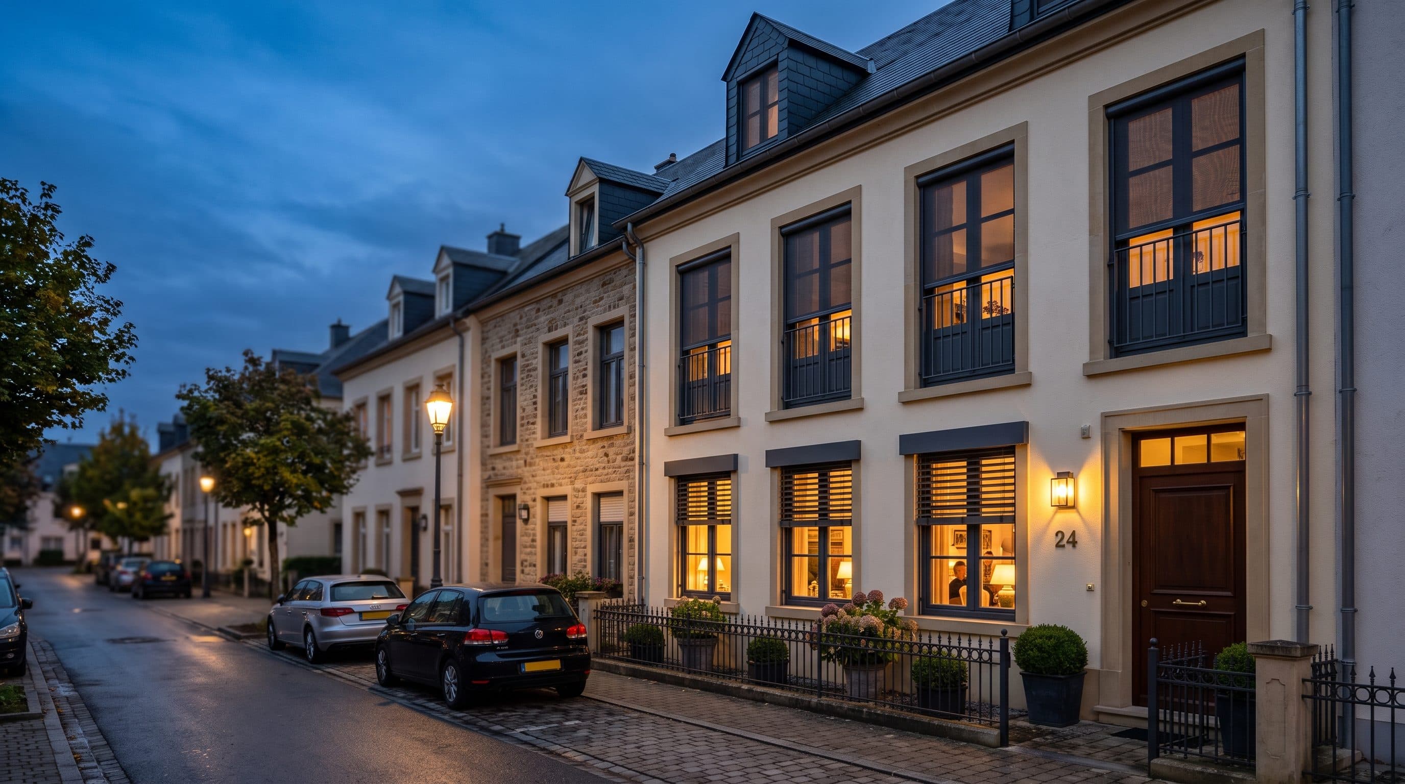 Brise-soleil orientables sur la façade d’une maison en rangée à Mersch, lumière du soir