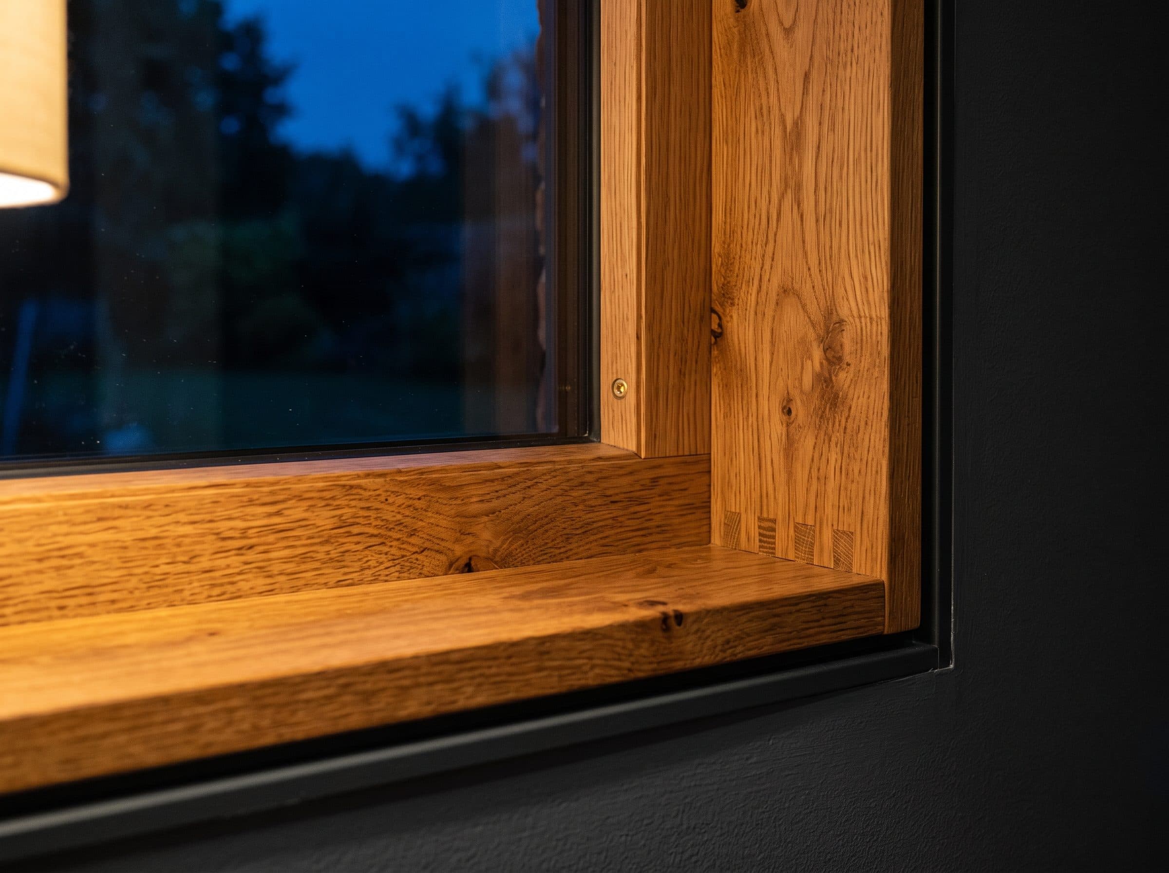 Détail d’une fenêtre alu-bois Internorm HF 410, chêne intérieur, lumière chaude