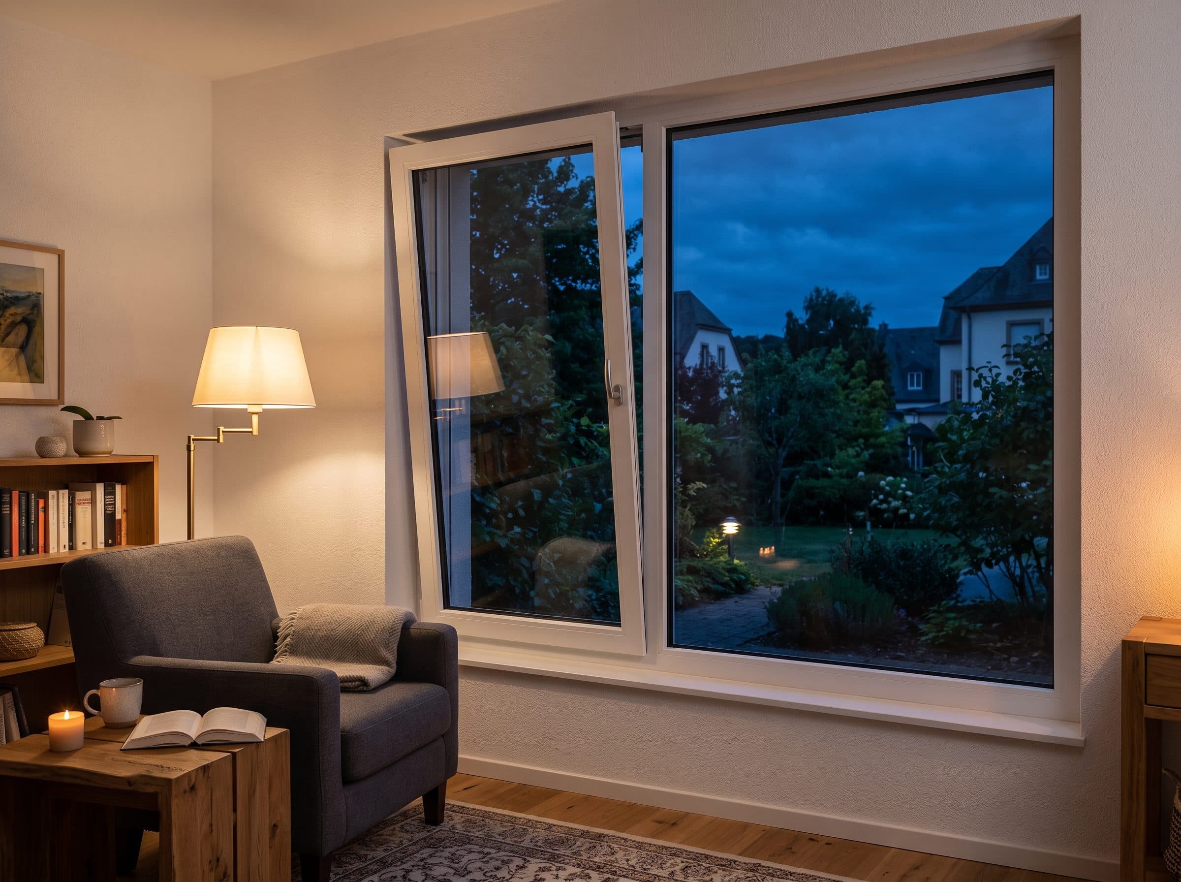 Fenêtre PVC Internorm KF 520 dans un séjour chaleureux le soir, triple vitrage