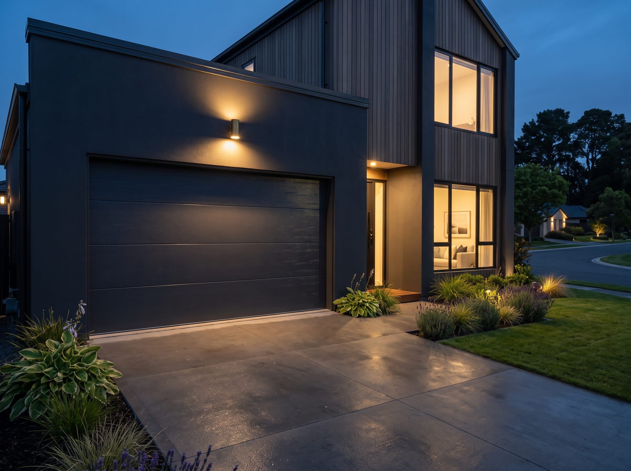 Porte de garage sectionnelle Novoferm anthracite éclairée le soir