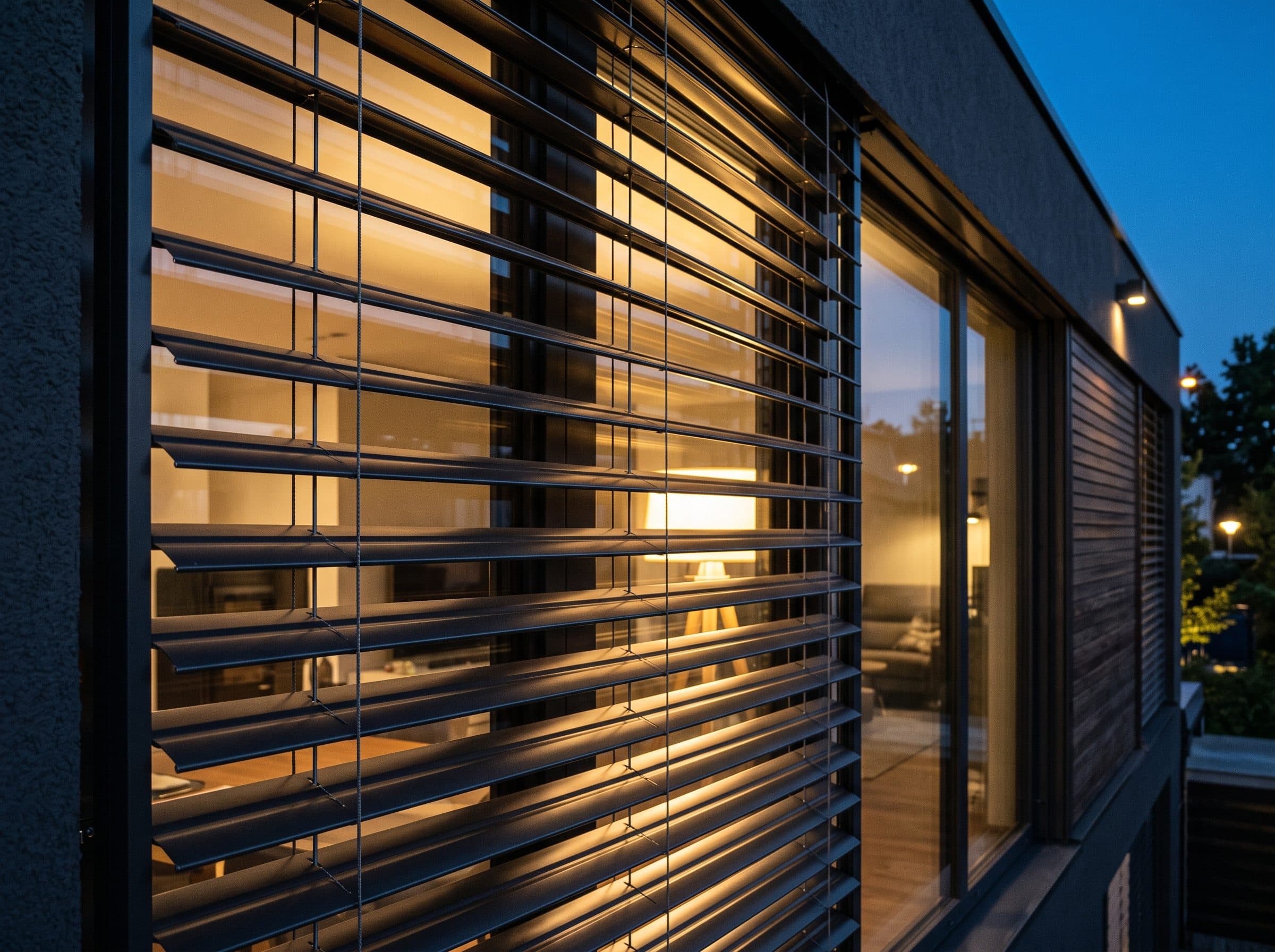 Lames de brise-soleil orientable Warema en lumière rasante chaude