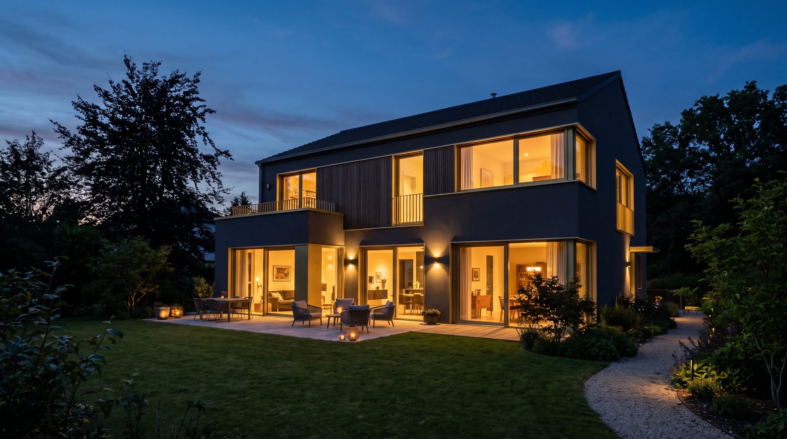 Maison contemporaine au crépuscule, fenêtres éclairées de lumière chaude