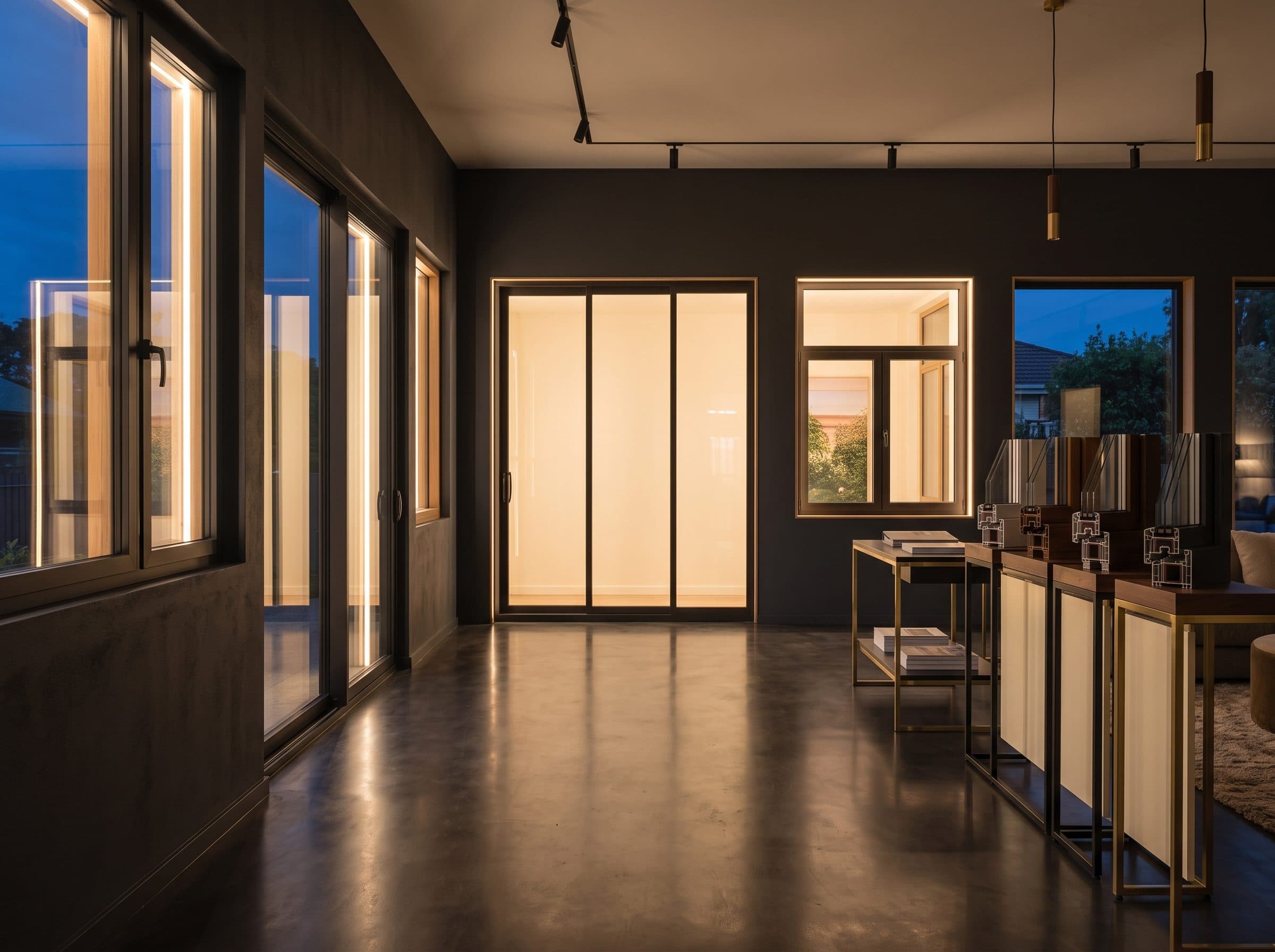 Showroom FensterLux à Windhof : fenêtres d’exposition rétroéclairées